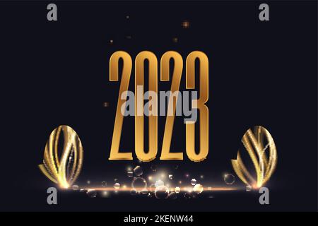 Goldene vertikale Wellen mit funkeln Bokeh Luxus Glanz von Gold Kurve Bewegung 2023 Happy New Year and Merry Christmas Hintergrund Vektor-Illustration Stock Vektor