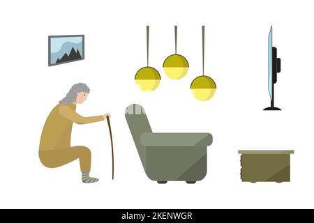Glückliche Familie, die zu Hause Fernsehen schaut. Oma, Kind und Mann sitzen auf der Couch im Wohnzimmer flache Vektor-Illustration. Freizeit, Film, Show-Konzept Stock Vektor
