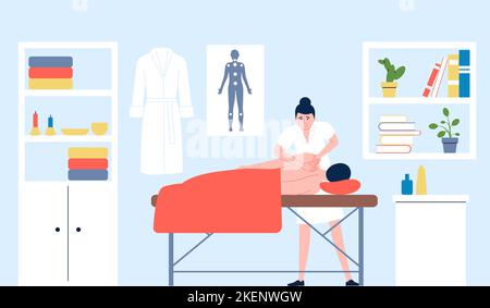 Massagekonzept. Rückenbehandlung und Muskeln entspannen. Arzt und Patient auf der Couch, Spa-Wellness-Salon. Medizinische Rehabilitation Therapie jüngsten Vektor-Szene Stock Vektor
