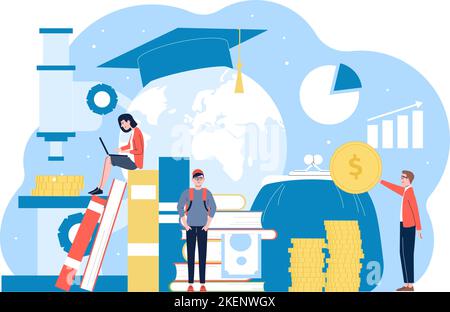 Investitionen in Wissen finanzieren, für Geld lernen. Leader Absolvent, Menschen Bücher lesen und Online-Kurs zu studieren. Stipendium aktuelle Vektor-Szene Stock Vektor