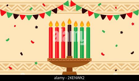 Fröhliches Kwanzaa-Fest-Banner mit Kinara und sieben Kerzen. Cartoon Vektor Clip Art Illustration. Stock Vektor