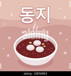 Traditionelle koreanische Dongji-FestGrußkarte mit rotem Bohnenbrei Patjuk. Text bedeutet Wintersonnenwende auf Koreanisch. Vektorgrafik Clip Art Illustration. Stock Vektor