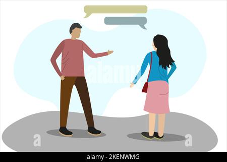 Vektor-Cartoon-Illustration von Mann und Frau mit einem Gespräch und haben Idee. Die Glühlampe ist das Symbol der Lösung Stock Vektor