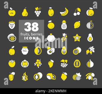 Satz von Früchten und Beeren Vektor Glyphe auf dunklem Hintergrund Symbol. Graph-Symbol für Lebensmittel- und Getränkeseite, Apps-Design, mobile Apps und Printmedien, l Stock Vektor