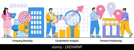 Unternehmens-Branding, Wettbewerbsanalyse, Produktpositionierungskonzept mit Menschen-Charakteren. Markenbildungspaket für Agenturen mit Vektorgrafik. Produkt bezüglich Stock Vektor