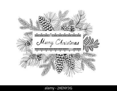 Weihnachtsfeiertag Grußkarte. Handgeschriebener Schriftzug Frohe Weihnachten. Noel Winter floralen Hintergrund in Gravur Retro-Stil. Naturdekor illustrat Stock Vektor