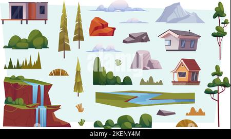 Kit zur Erstellung von Landschaftsaufnahmen. Bäume Gras Pflanzen Berge und Sand exakte Vektor-Cartoon-Konstruktor Elemente Stock Vektor