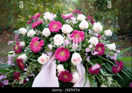 Lila und rosa Rosen und Gerbera als Beerdigungsblumen auf einem Grab Stockfoto