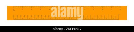 Orangefarbenes Lineal aus Holz oder Kunststoff mit einer Skala von 12 Zoll und 30 Zentimeter. Mathematisches Werkzeug zur Messung von Distanz, Höhe oder Länge. Horizontales Messdiagramm mit Markup und Zahlen. Vektorgrafik flach Stock Vektor