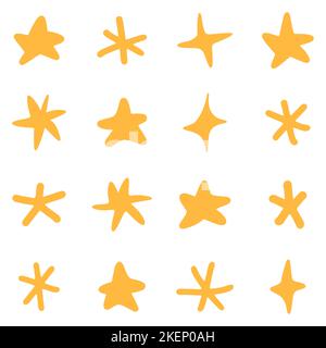 Sternsymbol. Satz gelber Sternsymbole. Vektorgrafik. Verschiedene Formen von Sternen Stock Vektor