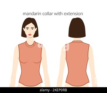 Mandarin-Kragen mit Verlängerung Ausschnitt Kleidung Charakter in Ocker Top, Hemd, Kleid technische Mode Illustration mit taillierten Körper. Flache Bekleidungsvorlage vorne, hinten. Frauen, Männer Unisex-Modell Stock Vektor