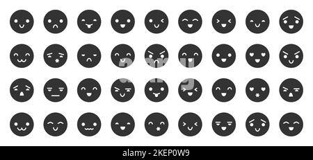 Emoji steht für schwarzes Glyphen-Symbol. Flacher lustiger Emoticon-Kreis-Avatar mit verschiedenen Emotionen. Fröhliches, glückliches Lachen, wütender, trauriger Schrei, Liebeskuss, fröhliche Emoticons. Comic emotionale Gesichtsausdrücke Stock Vektor