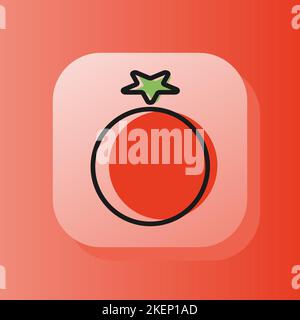 symbol mit 3D quadratischen Knöpfen und roter Tomate auf dem Umriss. Flache Symbolzeichenvektordarstellung isoliert auf einem roten Hintergrund. Gesundes Ernährungskonzept Stock Vektor