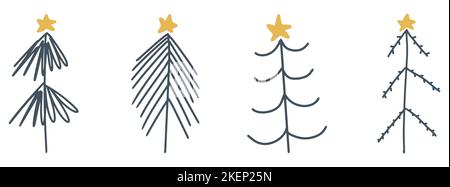 Lineares Weihnachtsbaum-Symbol. Set von niedlichen weihnachtsbaum Symbole auf weißem Hintergrund. Vektorgrafik. Urlaubssymbole Stock Vektor
