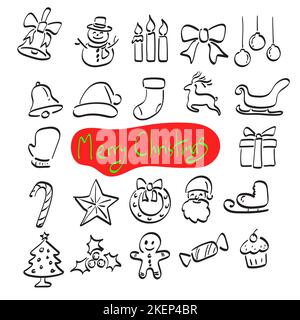 weihnachten Symbol set Illustration Vektor Hand gezeichnet isoliert auf weißem Hintergrund Linie Kunst. Stock Vektor