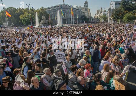 Madrid, Madrid, Spanien. 13.. November 2022. Hunderttausende von Menschen marschierten am Sonntag, dem 13. November, in Madrid für Verbesserungen der öffentlichen Gesundheit und gegen Reformpläne, die von der Regionalregierung vorangetrieben werden. Die Teilnehmer, unterstützt von Gewerkschaften und Oppositionsparteien, forderten eine qualitativ hochwertige, universelle Gesundheitsversorgung. (Bild: © Alberto Sibaja/Pacific Press via ZUMA Press Wire) Stockfoto