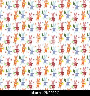 Festliches Muster mit Kaninchen, Weihnachtsbaum und Geschenken. Vektor auf weißem Hintergrund. Symbol des neuen Jahres. Stock Vektor