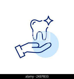 Symbol für Zahnpflege. Strahlender gesunder Zahn in der Hand. Pixelgenaue, bearbeitbare Konturlinie Stock Vektor