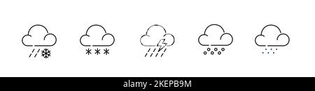Satz von Niederschlagssymbolen. Schnee, Regen, Dusche, Sturm. Pixel-perfekte, bearbeitbare Kontursymbole Stock Vektor