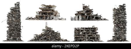 Eine Reihe von zerstörten Gebäuden, post-apokalyptischen Wolkenkratzern isoliert auf weißem Hintergrund Stockfoto