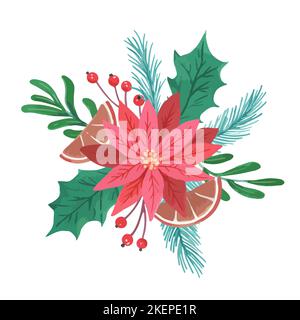 Weihnachtliche Pflanzen und Beeren, Weihnachtssterne, Stechpalme und Misteln auf weißem Hintergrund isoliert Stock Vektor