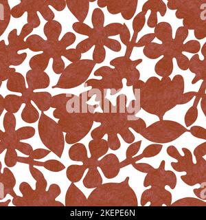 Rote Blüten auf weißem Hintergrund. Nahtloses Muster mit niedlichen strukturierten Silhouetten aus Blumen und Blättern. Stockfoto