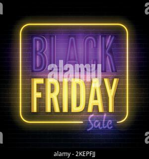 Black Friday Rabatte realistische Glücksspiel Stil Vektor-Banner-Vorlage. Stilvolle Verkaufsanzeige Neonlicht und Inschrift auf dunklem Hintergrund. Saisonale Sonderangebote, Luxus-Shop-Poster-Design. Stock Vektor