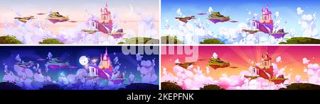 Mittelalterliche Burg auf schwimmenden Inseln zu verschiedenen Tageszeiten. Fantasy-Landschaft mit königlichem Palast, Wasserfall und Gras fliegen in den Himmel am frühen Morgen, Nacht, Sonnenuntergang und Mittag, Vektor-Cartoon-Szene Stock Vektor