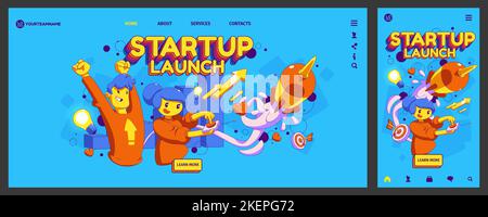Start-up-Banner mit fliegender Rakete, glücklichen Menschen und Wachstumsdiagramm. Konzept der Boost New Business, Entwicklungsprojekt, Start-up, Vektor Landing Page mit Illustration in zeitgemäßem Stil Stock Vektor