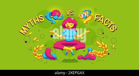 Mythen vs Fakten Konzept. Frau meditiert in Lotushaltung in der Luft schweben. Zeitgenössische weibliche Charakter wählen zwischen Wahrheit oder falsche Informationen, Mythologie gegen die Wissenschaft, Cartoon flache Vektor-Illustration Stock Vektor