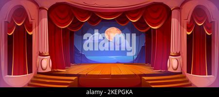 Theaterbühne mit roten Vorhängen, Holzboden und Dekoration der Nachtlandschaft mit Mond im Hintergrund. Theatersaal Innenraum mit leerer Szene, Säulen, Treppen, Balkone, Vektor-Cartoon-Illustration Stock Vektor