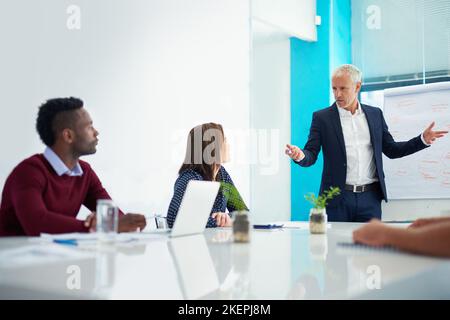 Sein Design-Team in die richtige Richtung führen. Ein reifer Geschäftsmann, der eine Präsentation im Sitzungssaal gibt. Stockfoto