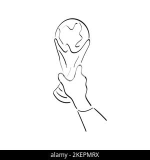 Linie Kunst Nahaufnahme Hand hält Fußball WM Illustration Vektor Hand auf weißem Hintergrund gezeichnet Stock Vektor