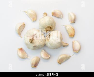 Knoblauchzwiebeln auf schwarzem Hintergrund, Nahaufnahme. Bio-Knoblauch Draufsicht. Hintergrund der Speisen. Selektiver Fokus Stockfoto