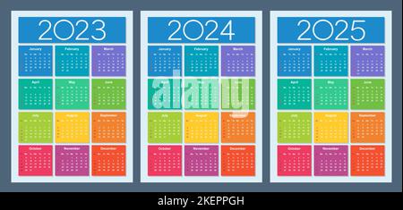 Farbenfroher Kalender für 2023, 2024 und 2025 Jahre. Die Woche beginnt am Sonntag. Design-Vorlage für vertikalen Kalender. Grundraster. Isolierte Vektordarstellung. Stock Vektor