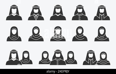 Arabischer Mann und Frau Glyphen Symbole gesetzt. Vektorgrafik. Stock Vektor