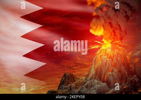 Großer Vulkanausbruch in der Nacht mit Explosion auf Bahrain Flagge Hintergrund, leiden unter Katastrophe und vulkanisches Erdbeben Konzept - 3D Illustration von Nat Stockfoto