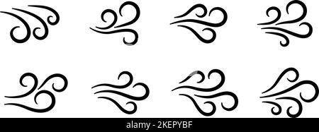 Handgezogenes Symbol für den Windfluss. Symbol für freie Atmung. Schild „Frischluftstrom“. Doodle Wind blasen Icons Sammlung. Wettersymbol. Klimadesign-Element Stock Vektor