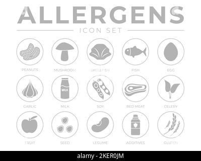 Einfaches Allergens Icon Set. Erdnüsse, Pilze, Schalentiere, Fisch, Eier, Knoblauch, Milch, Soja Rotes Fleisch, Sellerie, Obst, Samen, Hülsenfrüchte und Zusatzstoffe Gluten aller Stock Vektor