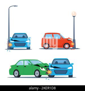 Autounfälle. Zusammenstoß von zwei Autos, Seitenansicht. Das Auto stürzte in eine Stange. Straßenabsprachen. Beschädigter Transport. Sicherheit des Fahrens von Personenfahrzeugen, ca. Stock Vektor