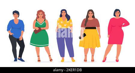 Körperpositive Menschen. Plus size weibliche Charaktere, attraktive kurvige, übergewichtige Gruppe. Übergröße Adipositas, ziemlich große Dame. Frauen plus Größe in schön Stock Vektor