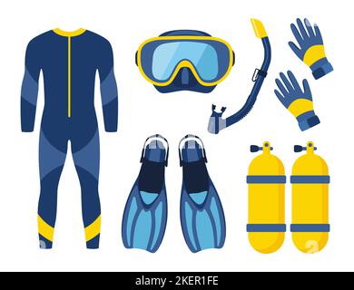 Tauchausrüstung, Set. Tauchen, Aqualung Sauerstoffflaschen, Taucherkostüm, Flossen, Maske und Schlauch Vektor-Illustration Stock Vektor