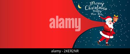 Weihnachtsmann Lieferung riesige Tasche von Weihnachtsgeschenken. Banner für frohe Weihnachten Stock Vektor