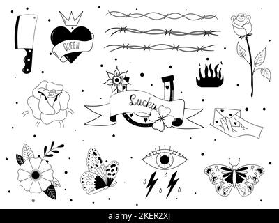 Tattoo-Set im stil Y2K, 1990s, 2000s. EMO Goth Element Design mit flammenden Herzen, Messer, Rose, Blume, Schmetterling, Feuer, Schädel. Old School Tattoo. Stock Vektor