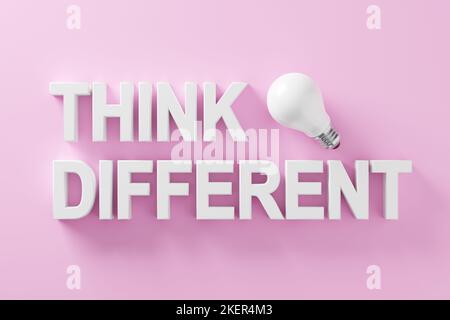 Kreatives Denken, Führung und Ideengenerierung im Geschäftskonzept. Das Wort Think different mit einer Idee Glühbirne auf rosa Hintergrund. 3D Renderi Stockfoto