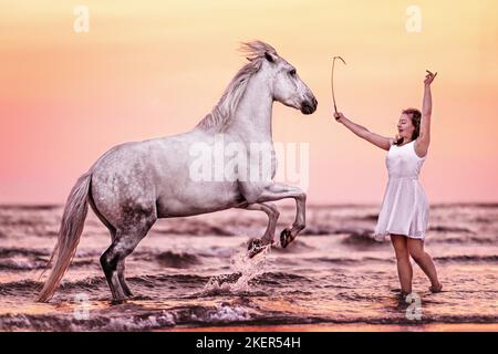 Frau und German Riding Pony Stockfoto