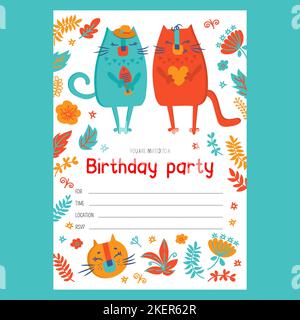 KATZE MÄDCHEN LÄDT GEBURTSTAG zwei Kätzchen halten Orange Herz und roten Fisch Cartoon Hand gezeichnet Skizze in flachem Design und Text-Banner mit Datum und Uhrzeit Vec Stock Vektor