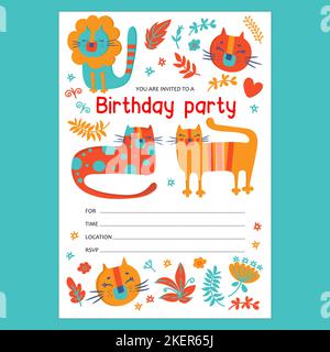 KITTEN LÄDT zum Geburtstag verschiedene Feline Tiere lächelnd Aquarell-Charaktere Cartoon Handgezeichnete Skizze in flachem Design und Text-Banner mit Datum und Stock Vektor