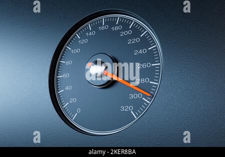 Ein normaler Auto-Tachometer mit einer orangefarbenen Nadel, die auf einem isolierten schwarzen Hintergrund auf eine hohe Geschwindigkeit zeigt - 3D Render Stockfoto