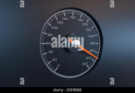 Ein normaler Auto-Tachometer mit einer orangefarbenen Nadel, die auf einem isolierten schwarzen Hintergrund auf eine hohe Geschwindigkeit zeigt - 3D Render Stockfoto